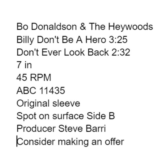 Bo Donaldson & The Heywoods Billy Dont Be A Hero Dont Ever Look Back 7" Vinyl - Picture 2 of 7